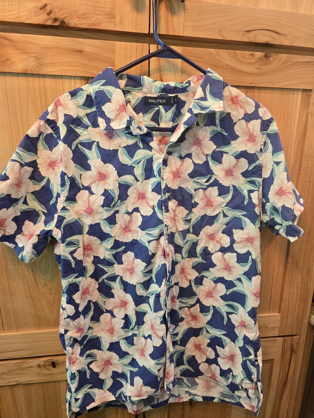 Nautica Blue Floral Short Sleeve Button-Down Shirt Mens Size Large